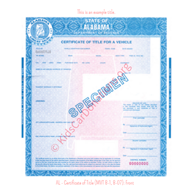 Alabama Certificate of Title (MVT 8-1, 8-07): Front | Kids Car Donations